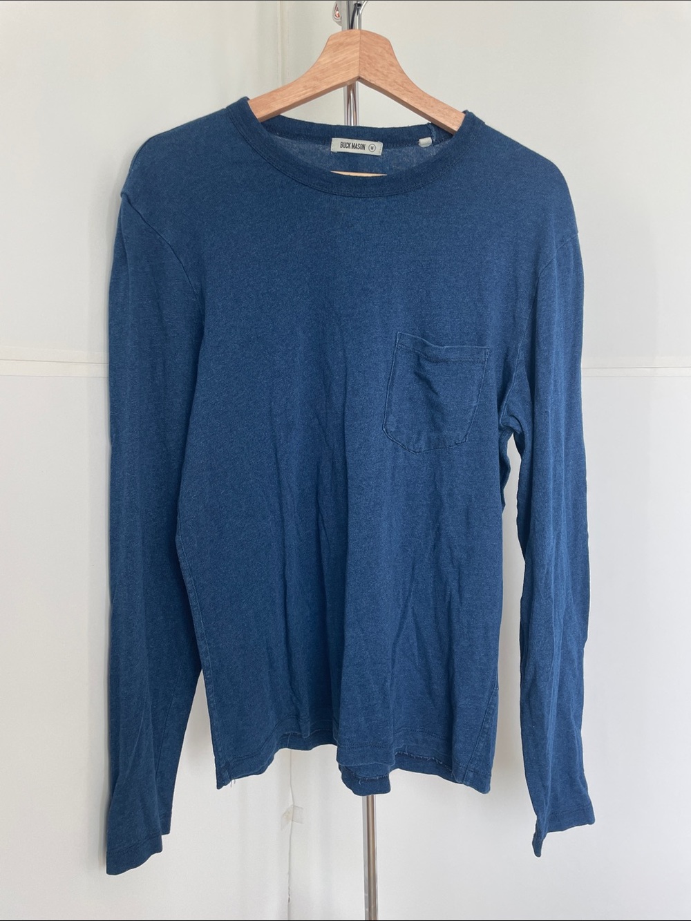 Men’s Buck Mason long sleeve blue T-Shirt. Size Medium.